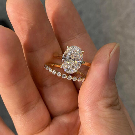 S925 Solitaire 5.5Ct Oval Cut 18K Yellow Gold/ White Gold Wedding Ring Set With Round Cut Wedding Band