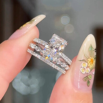 S925 3PC Wedding Set Elegant 3.5 Carat Radiant Cut Simulated Diamond Engagement Ring with Round & Marquise Accents Bands